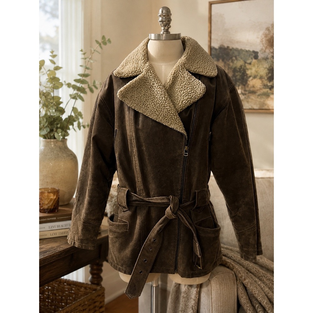 Winlit New York Brown Leather Aviator Moto Jacket Sherpa Belted Womens M